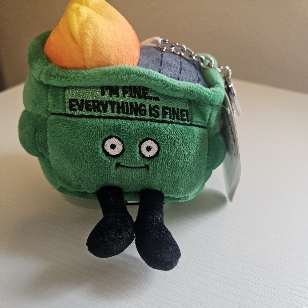 Green Plush Trash Can Fire Keychain